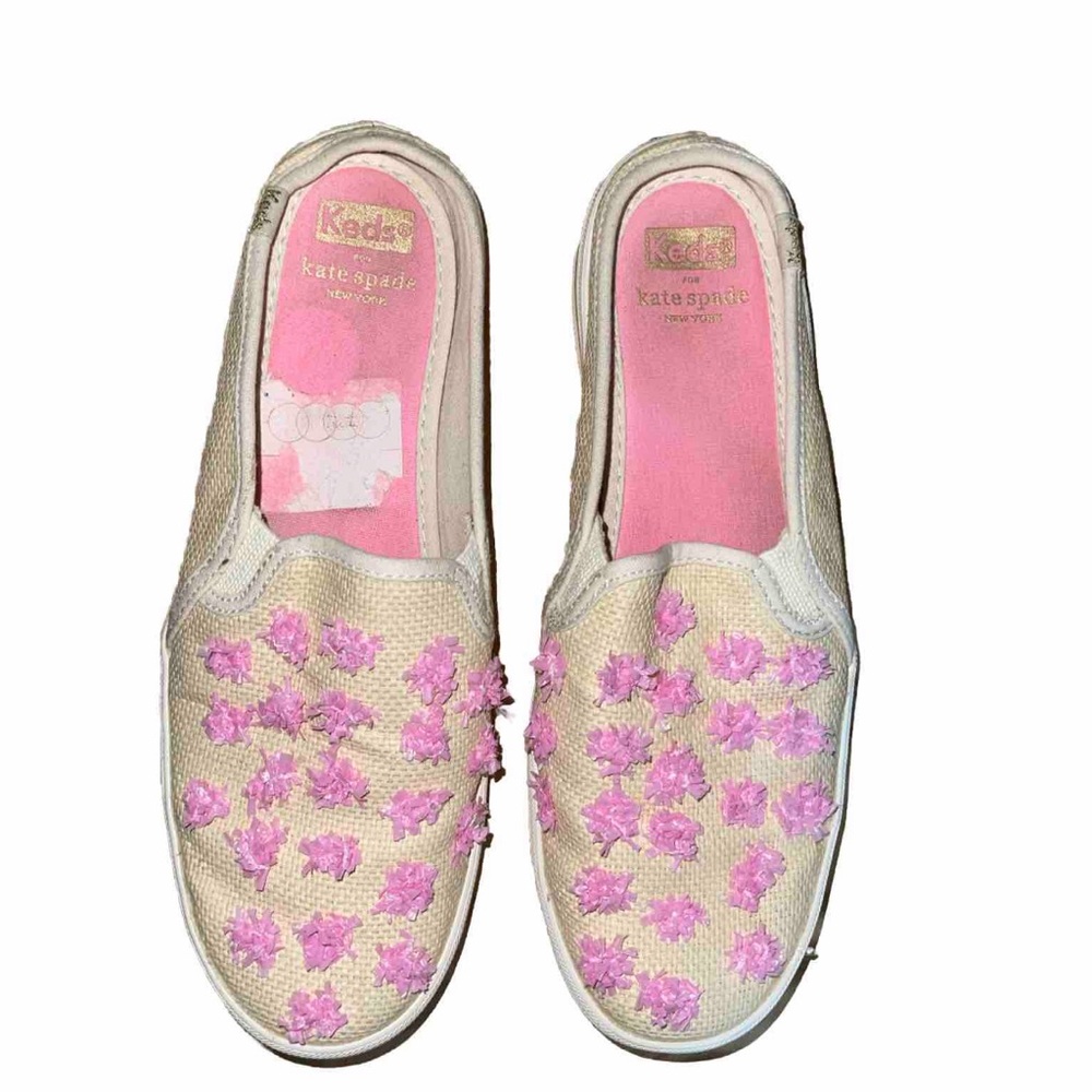 Kate spade x Keds woman’s mule sneakers Raffia with pink Pom poms 7.5 medium